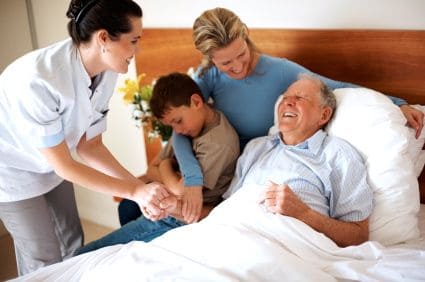 family providing help for caregiver who takes care of senior man